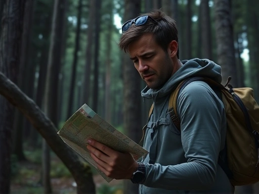 A distressed hiker, lost in a dense forest, looking at a map and compass, illustrating the feeling of being disoriented but attempting to regain control. The scene is slightly dark with tall trees.