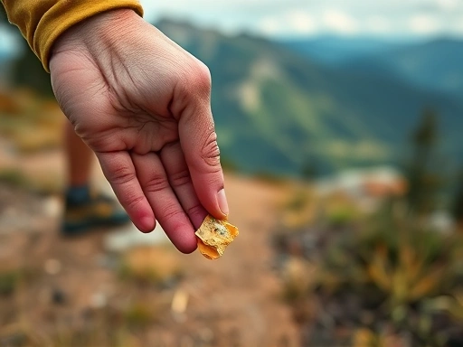 A close-up of a hiker's hand picking up a piece of small litter on a trail, with blurred background of a beautiful mountain landscape, emphasizing environmental responsibility and attention to detail, focus on the hand and litter.