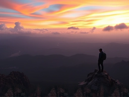 A panoramic view from a mountain summit at sunrise, with vibrant orange and purple clouds, a vast forest below, and a lone hiker enjoying the breathtaking beauty, conveying peace and awe, with a sense of vastness.