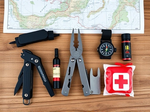 A detailed flat lay of essential hiking multi-tools and survival gear on a wooden table, emphasizing their compact design and various functions. Include a multi-tool, a compass, a fire starter, and a small first aid kit, with a map in the background.