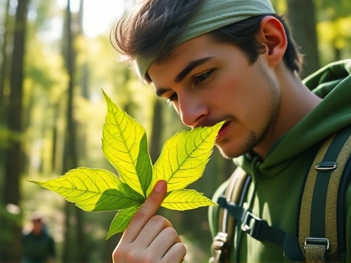 A serene hiker closely observing a vibrant green leaf with a magnifying glass in a sun-dappled forest, illustrating nature observation during hiking.