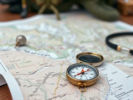 Close-up on a detailed topographical map and a trusty compass laid out on a weathered wooden table, with hiking gear blurred in the background, illustrating careful planning.
