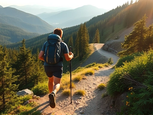 A hiker with a backpack and hiking poles walking up a winding mountain trail, illuminated by gentle morning sunlight, showcasing a steady pace amidst lush green forests and distant peaks.
