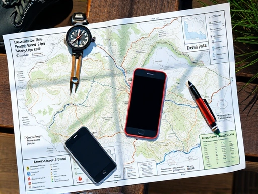 A detailed top-down view of a hiking map spread on a table, with a compass, smartphone, and a pen marking alternative routes for a plan B, showing preparedness and strategy, with a natural, outdoor light.