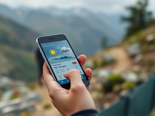 A close-up shot of a person's hand checking a weather app on a smartphone during a hike, with a slightly blurred background of a mountain trail and changing weather, emphasizing real-time decision making for hiking plan changes.