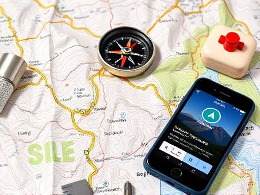 Close-up of hiking essentials: a detailed topographic map, a compass, a smartphone with a hiking app, and a small first-aid kit, laid out neatly for trip preparation.