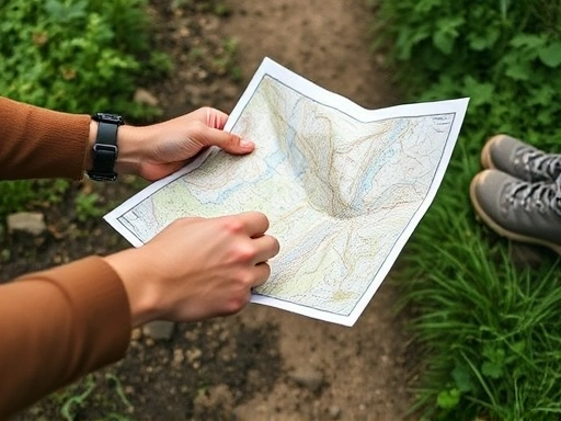 Close-up of a person's hands checking a topographical map on a well-maintained hiking trail, with comfortable hiking boots slightly visible, emphasizing preparation, navigation, and safety for beginners.