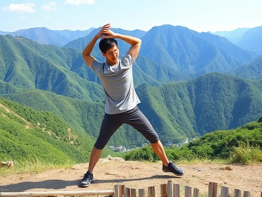 A person stretching and warming up before a mountain hike, with a scenic backdrop of green mountains and a clear sky, showing dynamic movement and preparation for physical activity, focusing on body activation and flexibility. Korean style of hiking equipment is subtly visible.