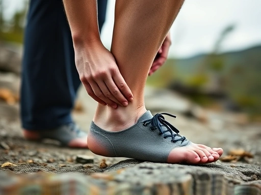 Close-up on a person's ankle and knee area, performing a joint rotation exercise during a pre-hiking warm-up, emphasizing flexibility and mobility, with motion blur to indicate movement. The focus is on the specific joint preparation.