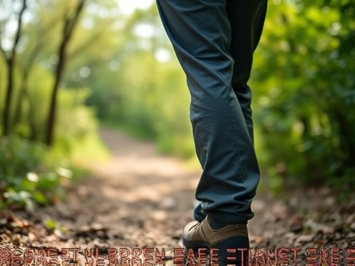 A focused shot of a hiker's leg protected by long pants, standing on a clear trail, with a blurred background of green foliage. The scene emphasizes safety and preparation in a natural environment. Include subtle elements of sunlight filtering through trees, creating a calm atmosphere.