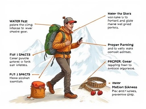 A detailed illustration of a hiker preparing for a mountain climb, focusing on packing essentials like water, snacks, and proper gear for motion sickness and dizziness prevention.