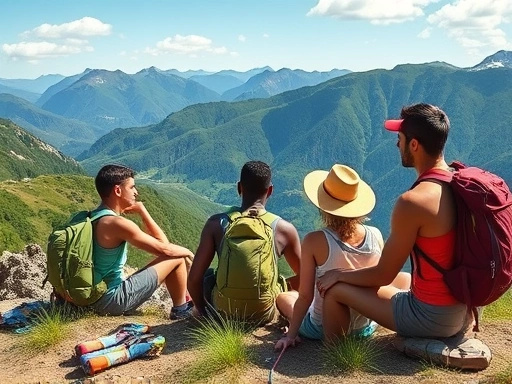 A diverse group of hikers resting on a scenic mountain trail, demonstrating good posture, with backpacks, clear skies, and lush green mountains in the background, promoting wellbeing and recovery from hiking. Vibrant, natural light.