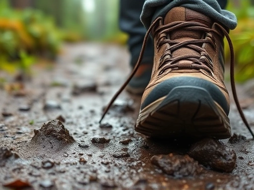Close-up of a pair of hiking boots on a muddy, wet trail with raindrops visible, highlighting the importance of proper equipment and the dangers of bad weather. The scene emphasizes safety-first judgment for hiking cancellation.
