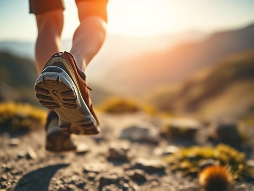 A focused shot of a hiker's feet on a challenging mountain trail, with blurred background of a scenic landscape, emphasizing determination and progress in hiking. Include elements of trail dust and sunlight. SEO keywords: hiking, trail, progress, mountain, determination.