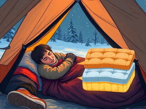 A detailed illustration of a cozy hiker sleeping inside a tent, with cutaway views showing the insulation layers of a sleeping bag and a sleeping pad, highlighting the warmth in a cold outdoor environment. Winter camping scene.