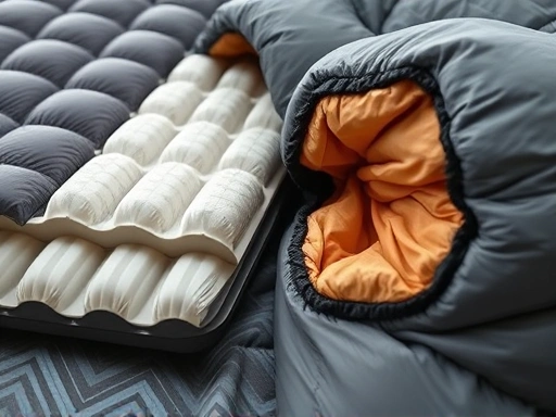 Close-up on the cross-section of an insulated sleeping pad showing its internal baffles and materials designed for high R-value, next to a section of a puffy down sleeping bag illustrating its loft and fill power.