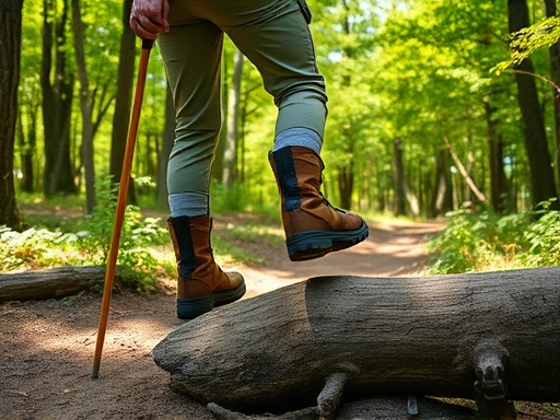 A hiker on a shaded forest trail, wearing long pants and high boots, carefully stepping over a log with a walking stick, symbolizing prevention and awareness against snakes in a natural environment.