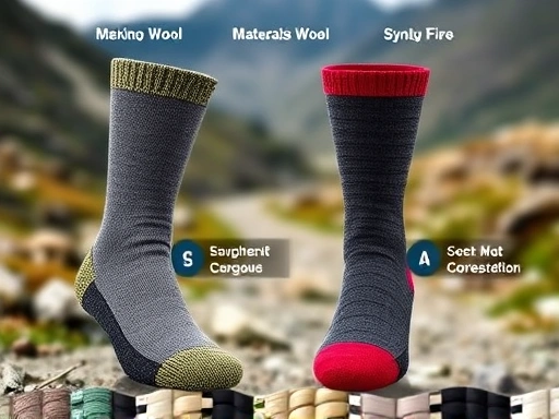 A detailed comparison of different hiking sock materials like Merino wool and synthetic fibers, showcasing their textures and properties, set against a blurred mountain trail background.