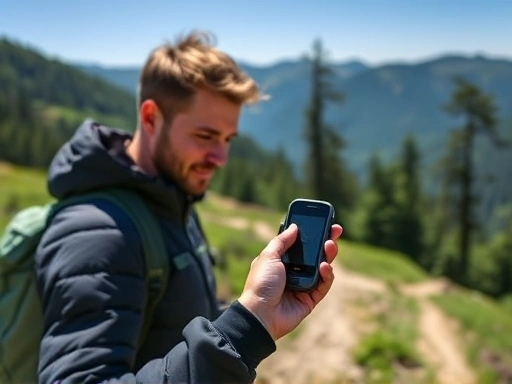 A person accurately measuring their hiking speed with a modern GPS device on a scenic mountain trail, with lush green trees and clear blue sky in the background, focusing on precision and technology.