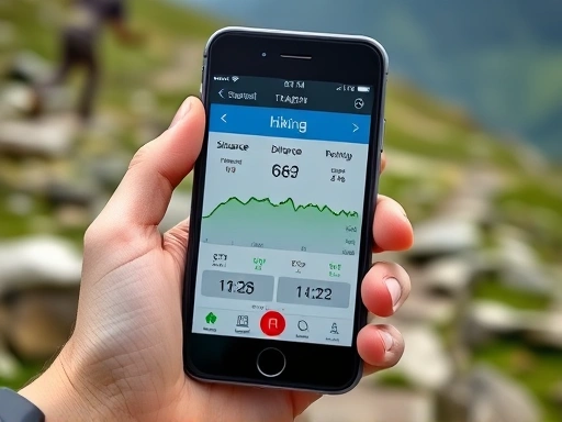 A close-up shot of a hand holding a smartphone displaying a hiking tracking app, showing real-time speed, distance, and estimated time remaining, with a blurred mountain path in the background, emphasizing practical application.