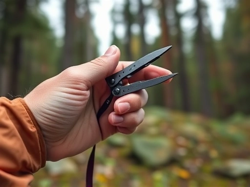 A close-up shot of a hiker's hand demonstrating the use of a multi-tool's pliers function to fix a piece of hiking gear, with a forest background. The image should highlight the intricate details of the tool and the practical application of survival equipment.