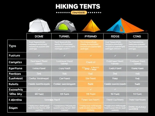 A detailed comparison chart showcasing various types of hiking tents (dome, tunnel, ridge, pyramid) with their key features, pros, and cons, designed for easy understanding for outdoor enthusiasts.