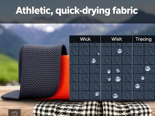 A detailed comparison of a compact, quick-drying hiking towel next to an athletic, quick-drying fabric, with water droplets showing absorbency and wicking, in an outdoor setting with a mountain backdrop.