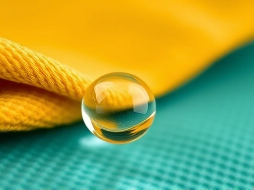 Close-up view of a quick-drying microfiber hiking towel absorbing a large drop of water, showcasing its texture and high absorbency, with a blurred background of synthetic quick-drying fabric.