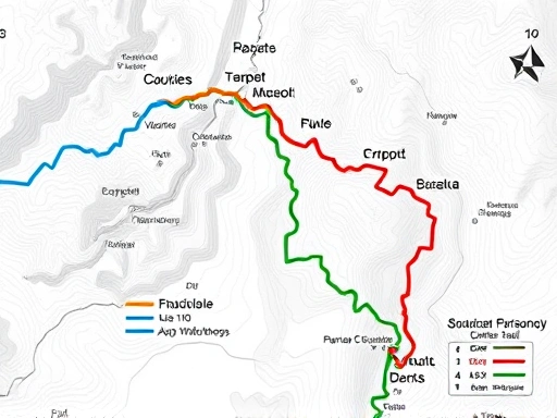 A detailed topographic map showing contour lines and elevation changes, indicating different trail difficulty levels with colored paths, suitable for a blog post about hiking.
