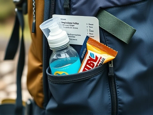 Close-up of a well-organized hiking backpack's side pocket, showing essential hypoglycemia emergency items like glucose candy, a small water bottle, and an energy bar, with a hint of a hiking map. Keywords: hiking, emergency, glucose, backpack, preparation.