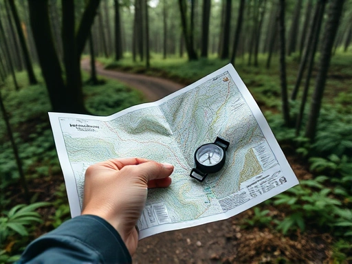 A detailed shot of a hiker's hands holding a topographic map and a compass on a dense forest trail, showing decision-making moment for finding the way.