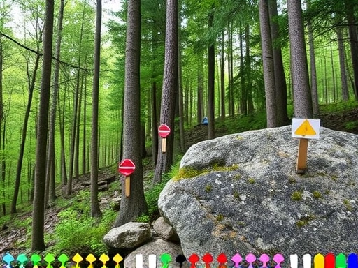 A detailed image showing various types of hiking trail markers on trees and rocks in a lush forest, with clear visibility of different colors and shapes, emphasizing guidance and safety for hikers.