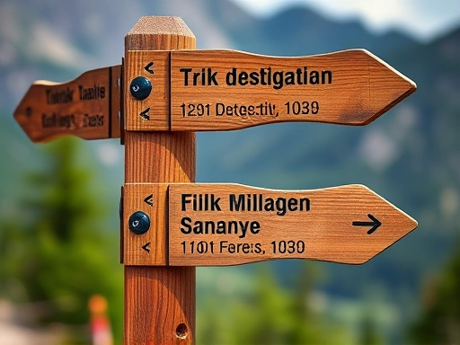 Close-up view of a wooden hiking signpost at a trail junction, clearly displaying directions to different destinations with distances and estimated times, set against a blurred scenic mountain backdrop.
