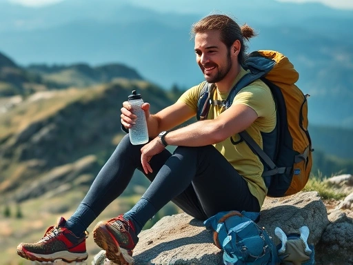 A close-up shot of a hiker taking a short rest on a mountain trail, sitting on a rock with a water bottle in hand, looking refreshed, with focus on hydration and simple stretches, surrounded by natural elements.