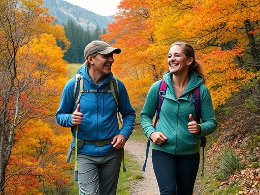 A vibrant autumn hiking trail with two hikers sharing a laugh, embodying unexpected human connection amidst nature's beauty and the joy of hiking encounters.