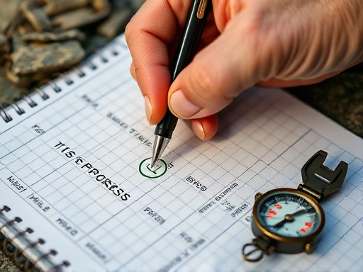 Close-up of a hand marking off completed goals on a detailed hiking progress chart or journal, with a pen and a small compass beside it. The chart clearly shows categories like 