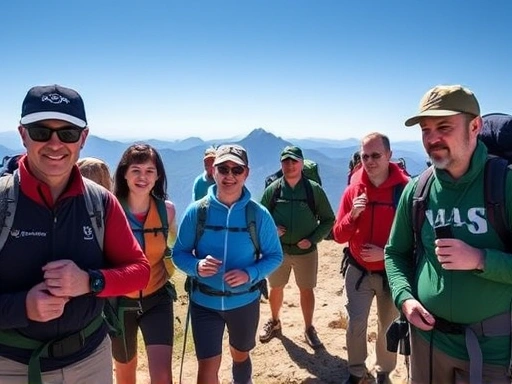 A diverse group of hikers, some wearing modern hiking watches and others holding standalone altimeters, on a scenic mountain trail. The atmosphere is clear and bright, highlighting the utility of their gear in nature, perfect for a hiking altimeter comparison.