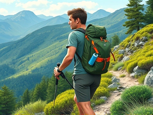 A detailed illustration of a hiker confidently navigating a mountain trail, carrying a well-managed backpack with a hydration pack, surrounded by lush green foliage and clear skies, emphasizing efficiency and preparedness for water conservation during hiking.