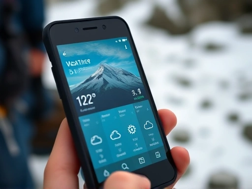 A close-up shot of a smartphone screen displaying a detailed weather forecast app for mountains, showing wind speed, temperature, and precipitation icons. In the blurred background, hints of mountain trails or equipment are visible, focusing on the technical aspect of weather checking.