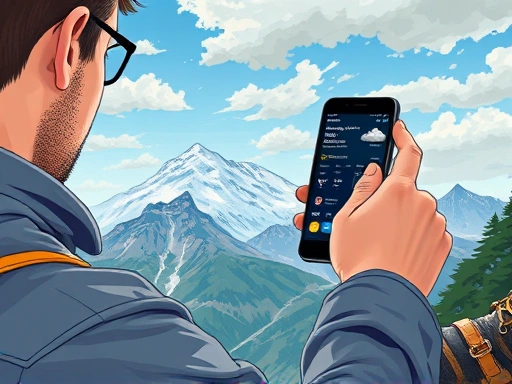 A detailed illustration of a person checking a weather forecast app on a phone, with a majestic mountain range in the background under a dynamic sky. The scene should convey preparation and safety, with elements like hiking boots or backpack visible.