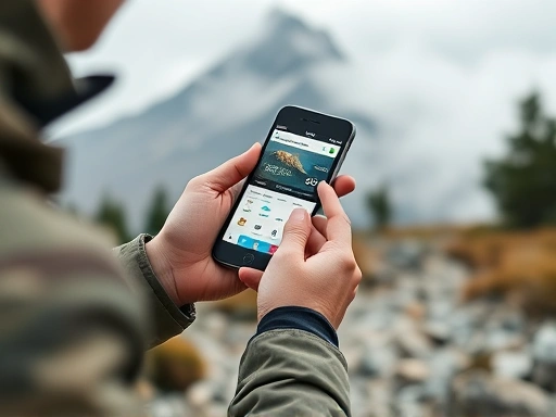 A focused shot of a person using a smartphone to check weather forecast apps on a mountain trail, with a misty peak in the background, conveying preparation and technology in nature. SEO keywords: hiking weather, mountain forecast, trail safety, digital tools.