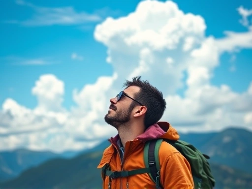 A hiker carefully observes the sky, looking at cumulus clouds forming above a mountain range, indicating potential weather changes, with a sense of focus and preparedness. Emphasize safety and observation. Nature, Hiking, Safety, Observation, Weather.