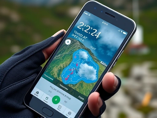 A close-up shot of a smartphone screen displaying a detailed weather application with a radar map showing rain clouds moving over a mountainous terrain, held by a gloved hand, symbolizing digital tool usage for weather prediction during hiking.
