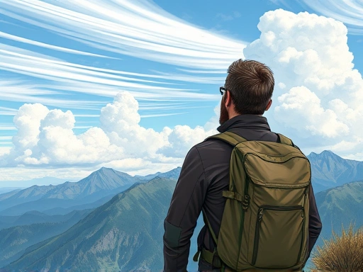 A detailed illustration of a hiker observing various cloud formations (cirrus, cumulus, cumulonimbus) in a mountainous landscape, indicating changing weather patterns. Focus on the sky and different cloud types, with a focus on understanding the weather.