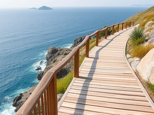 Close-up shot of a well-maintained wooden walkway winding along a rugged coastline, with a clear view of the deep blue ocean and distant islands, emphasizing the immersive experience of the Igidae Coastal Walkway near Busan.