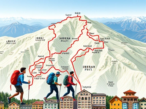A detailed map of Jirisan National Park with highlighted traverse routes and key shelters, showing hikers with backpacks and trekking poles, bright daylight, realistic style, SEO: Jirisan traverse guide, hiking map, mountain shelters.