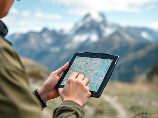 A person reviewing a digital map on a tablet, with a majestic mountain range in the background. The scene should convey thorough planning and preparation for a hiking trip in a natural, serene environment. Focus on the hiker's hands and the tablet screen with map details.