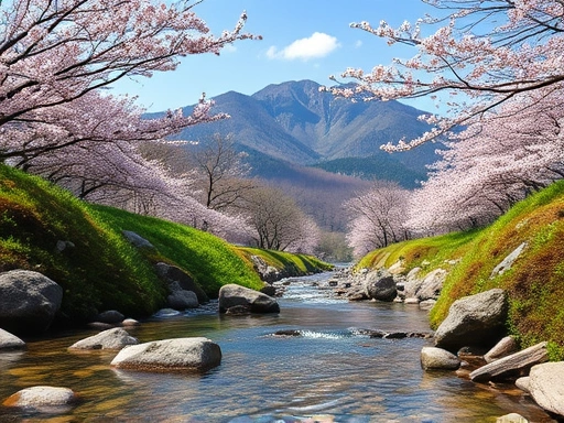A vibrant, detailed image capturing the essence of a Korean mountain in spring, with cherry blossoms, lush green sprouts, and a clear stream, emphasizing new growth and fresh air for a hiking guide.