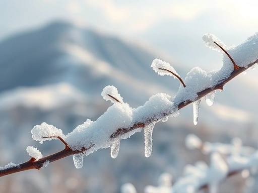 A serene, close-up shot of a snow-covered branch on a Korean mountain in winter, showcasing delicate ice crystals and a quiet, frosty atmosphere, highlighting the tranquil beauty of the landscape.