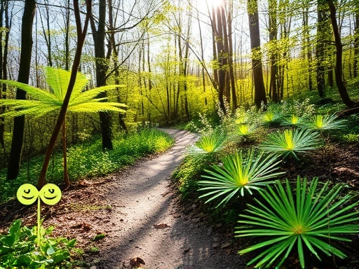 A vibrant, sunlit forest path in South Korea during spring, with various wild edible plants like ferns and herbs sprouting along the trail, emphasizing the natural habitat for foraging, perfect for a guide on seasonal wild edibles. Keywords: wild edibles, foraging, spring, hiking, nature.